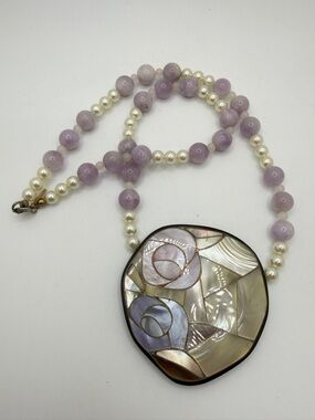 18" Karla Jordan Mother of Pearl, Purple Jade, Faux Pearl statement necklace!